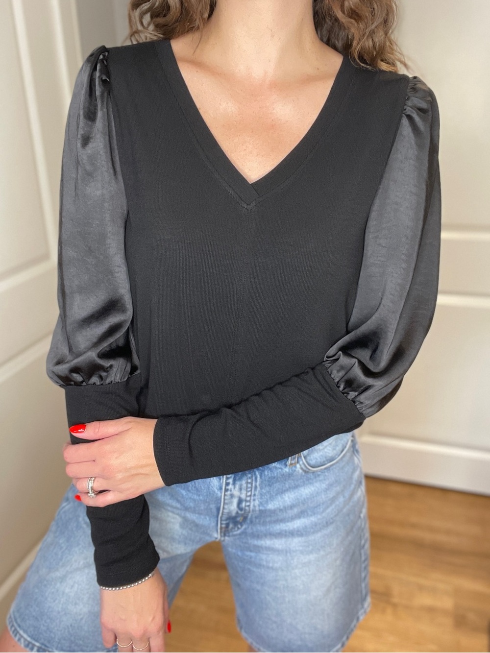 Melissa Black V-Neck Satin Puff-Sleeve Top